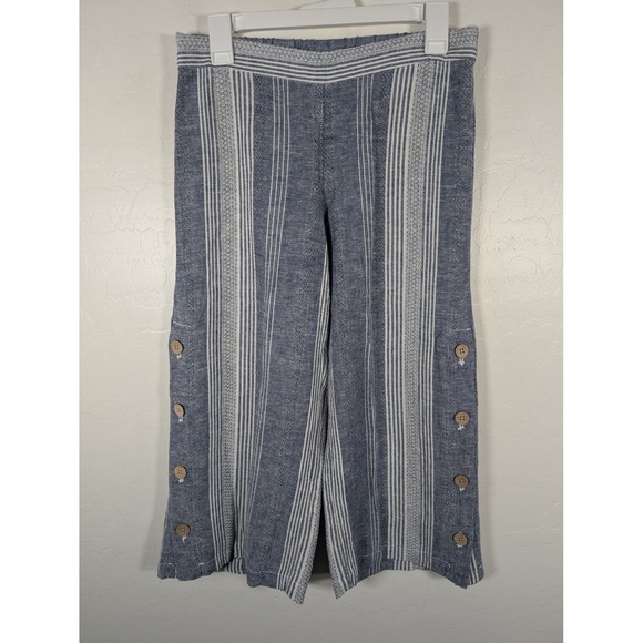 J Jill Pants Womens Small Petite Blue White Striped Linen Viscose Button Crop - Picture 1 of 11